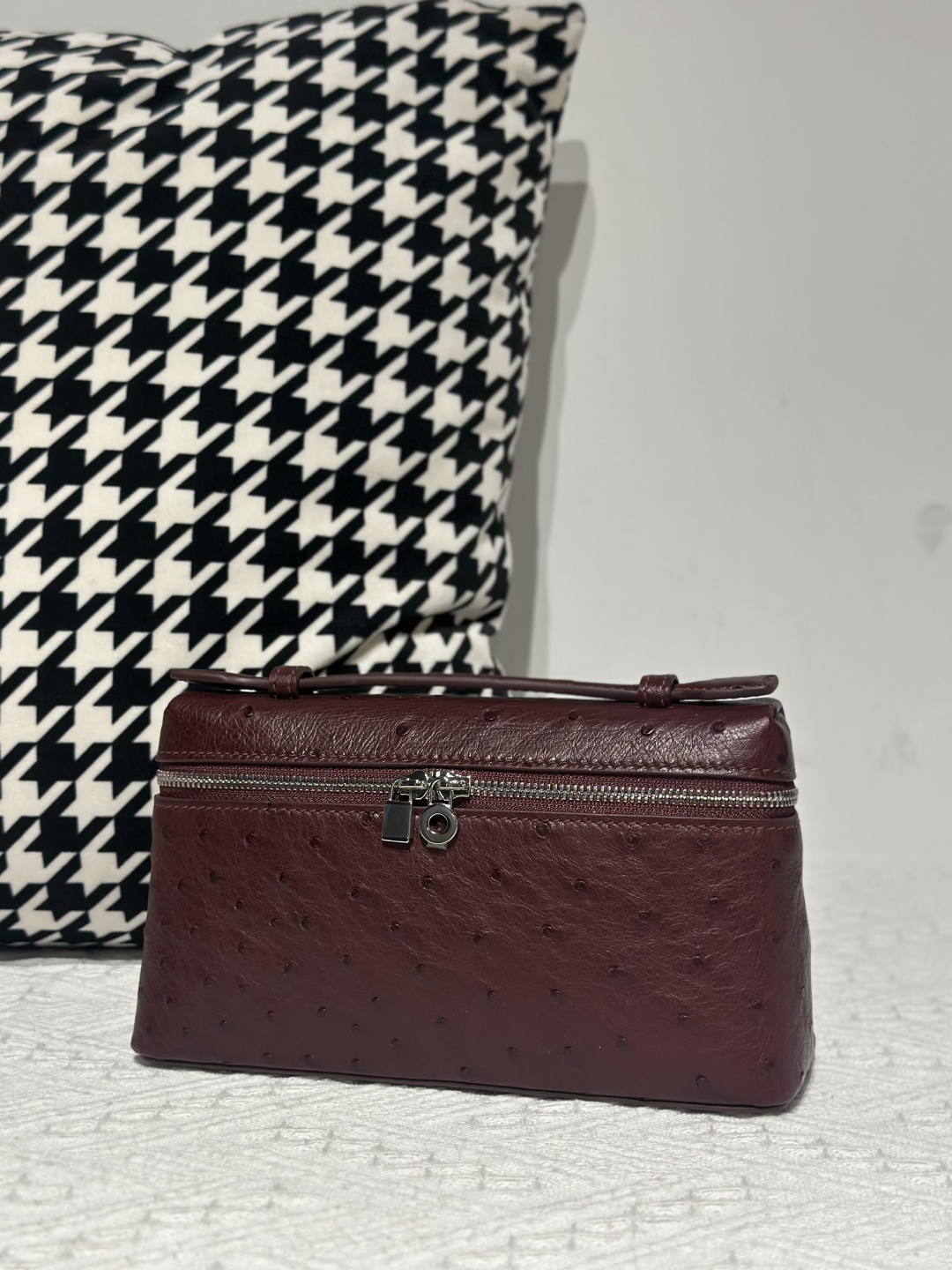 Ostrich Leather 19cm Burgundy Silver Hardware Top Handle Bag WOB094 image 2