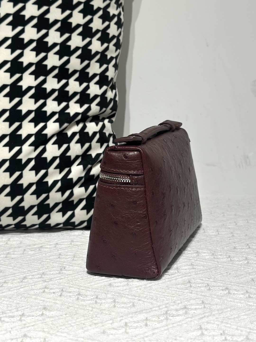Ostrich Leather 19cm Burgundy Silver Hardware Top Handle Bag WOB094 image 4
