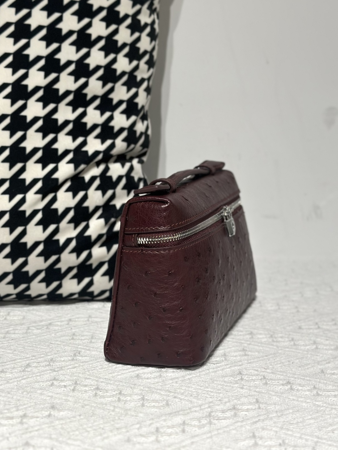 Ostrich Leather 19cm Burgundy Silver Hardware Top Handle Bag WOB094 image 5