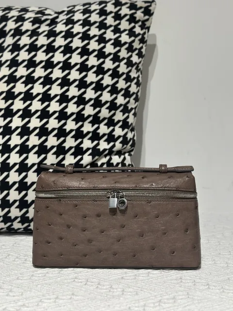 Ostrich Leather Brown 19cm Silver Hardware Top Handle Bag WOB096