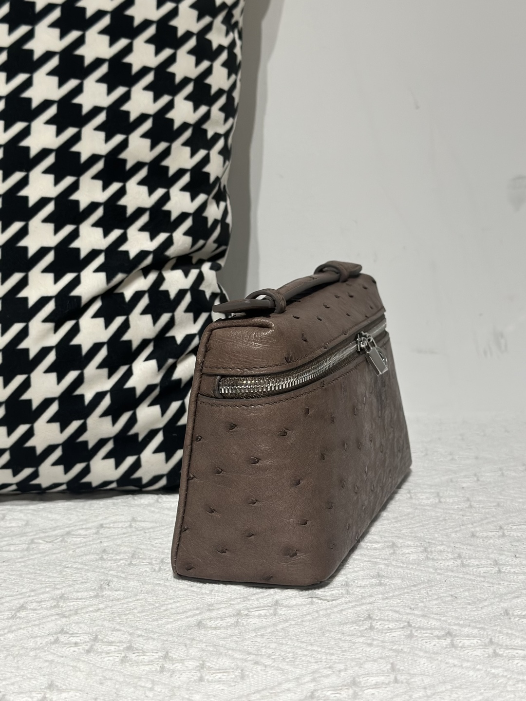 Ostrich Leather Brown 19cm Silver Hardware Top Handle Bag WOB096 image 5