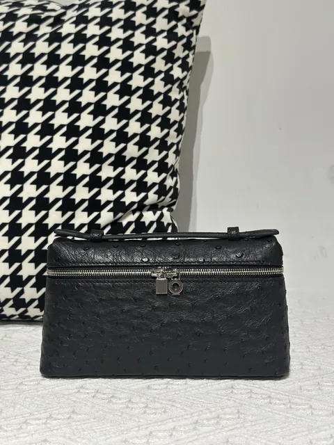Ostrich Leather Black 19cm Silver Hardware Top Handle Bag WOB099