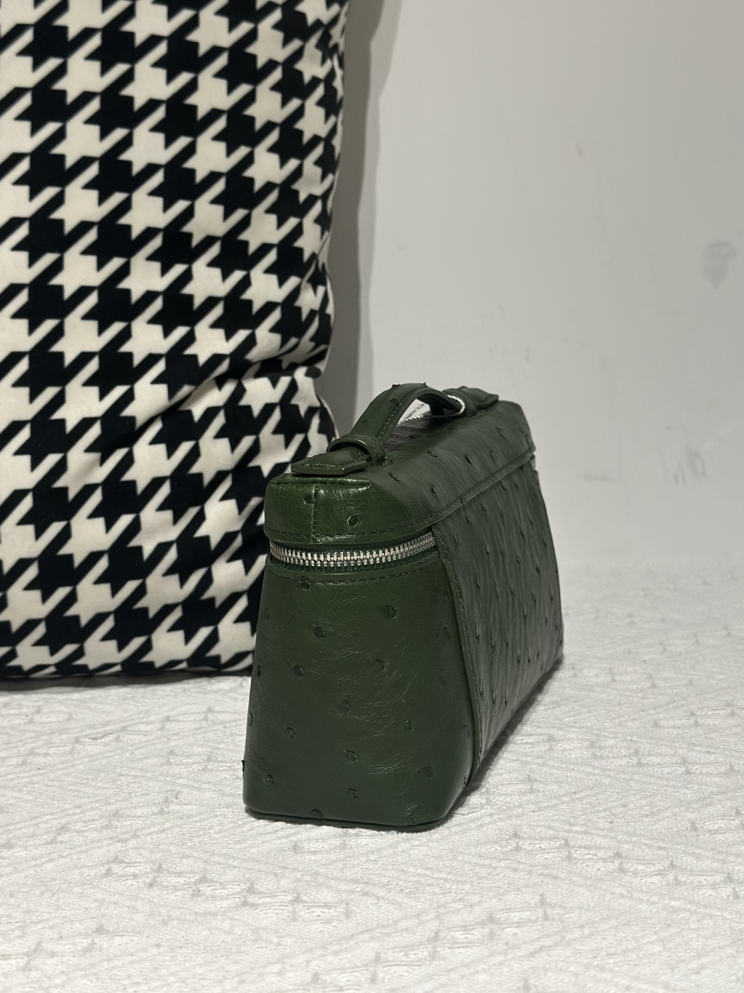 Ostrich Leather Olive Green 19cm Silver Hardware Top Handle Bag WOB100 image 4