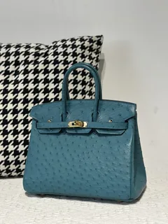 Ostrich Leather Aqua Blue 25cm Gold Hardware Top Handle Tote Bag WOB102 image 1