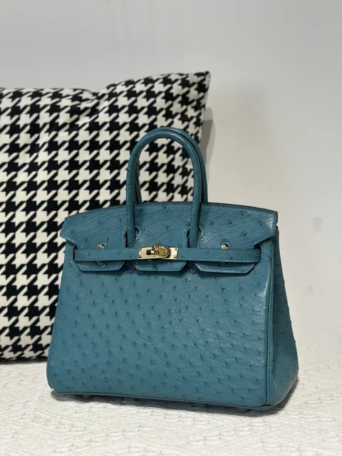 Ostrich Leather Aqua Blue 25cm Gold Hardware Top Handle Tote Bag WOB102
