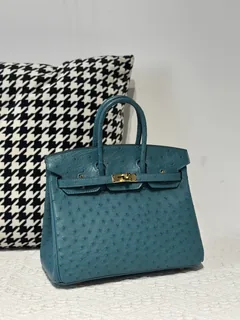 Ostrich Leather Aqua Blue 25cm Gold Hardware Top Handle Tote Bag WOB102 image 2