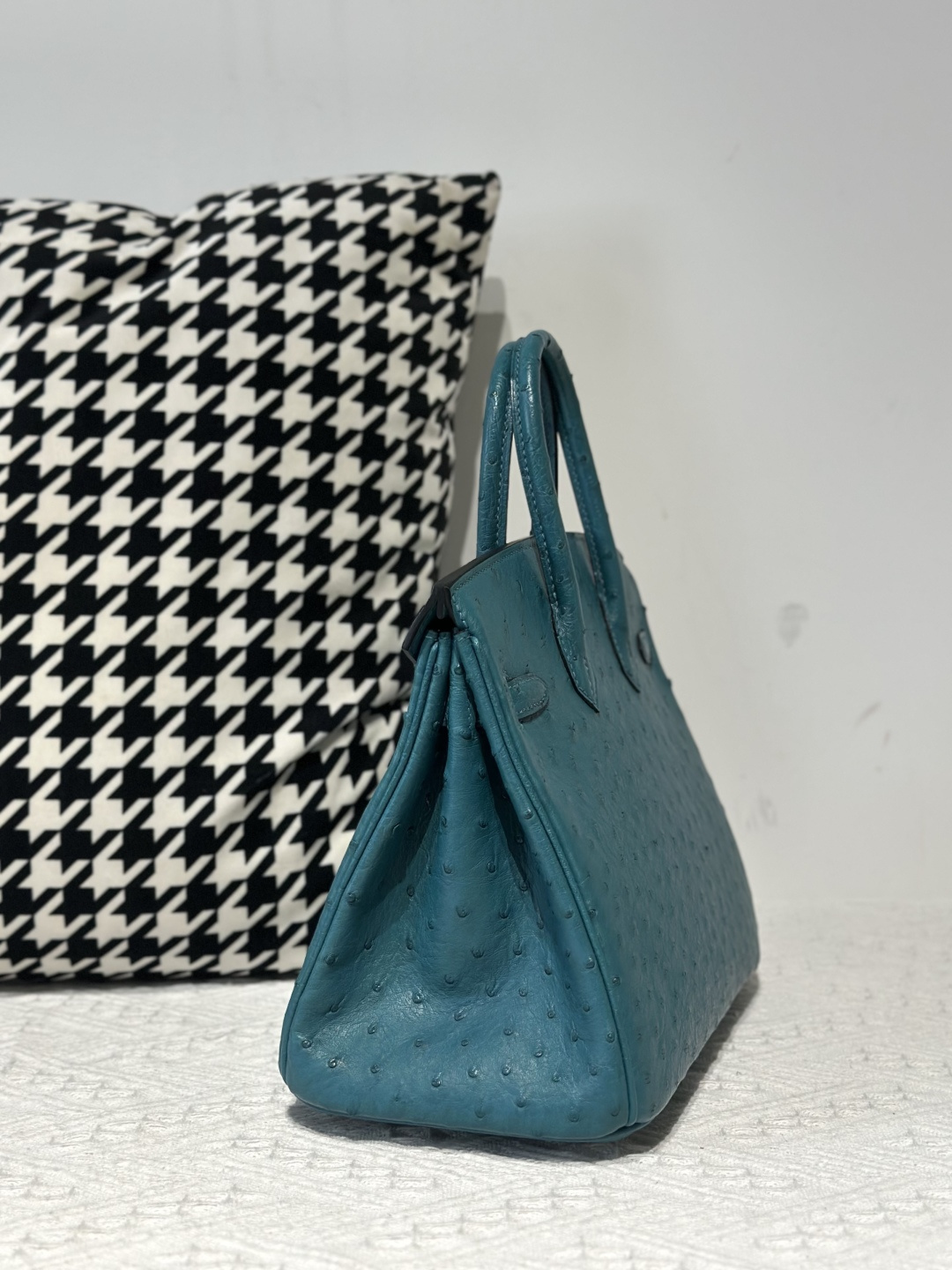 Ostrich Leather Aqua Blue 25cm Gold Hardware Top Handle Tote Bag WOB102 image 4