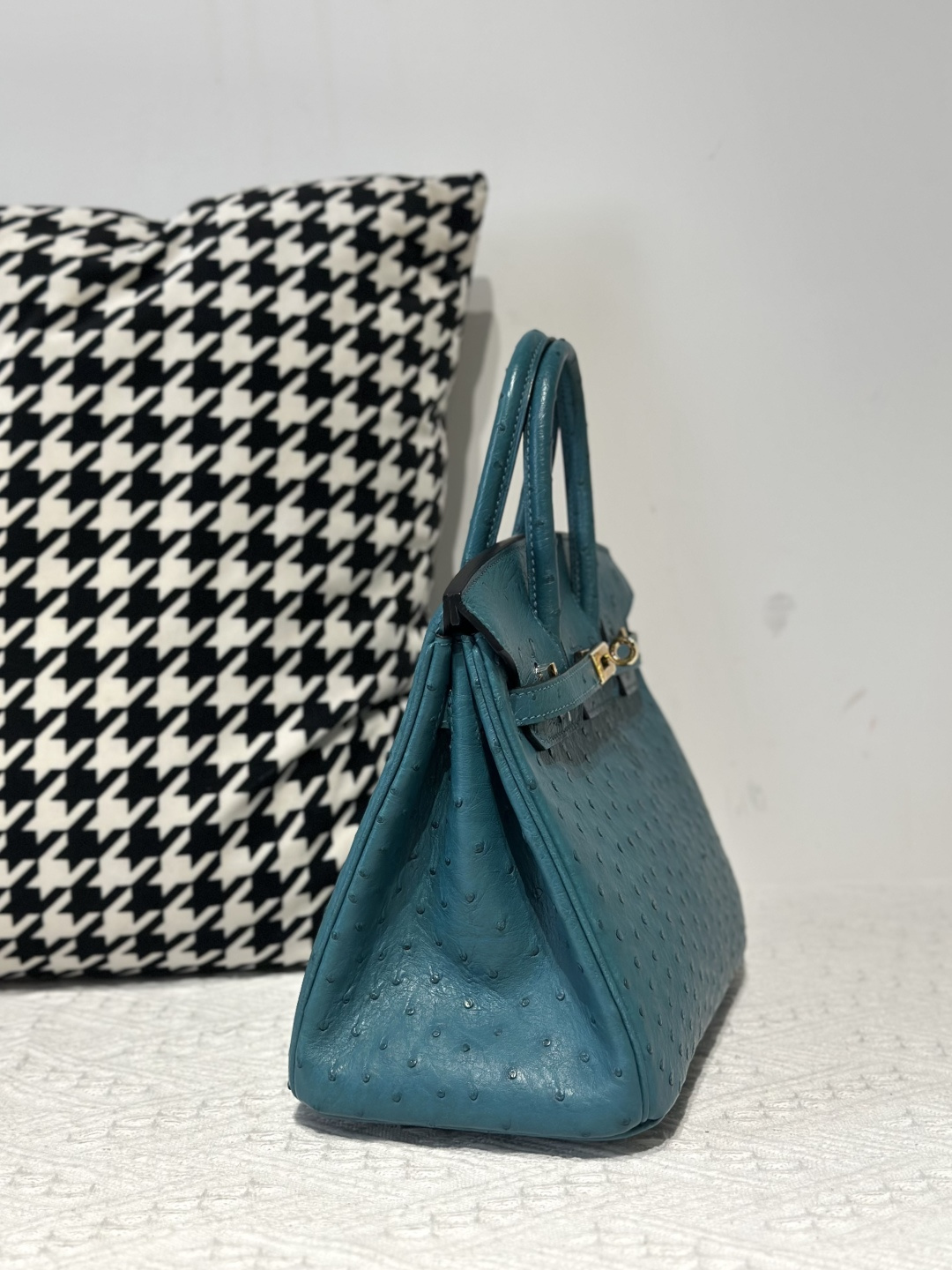 Ostrich Leather Aqua Blue 25cm Gold Hardware Top Handle Tote Bag WOB102 image 5