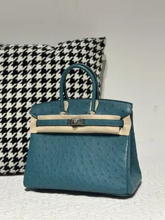 Ostrich Leather Aqua Blue 25cm Silver Hardware Top Handle Tote Bag WOB103 image 1