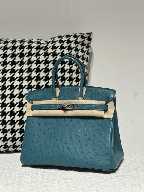 Ostrich Leather Aqua Blue 25cm Silver Hardware Top Handle Tote Bag WOB103