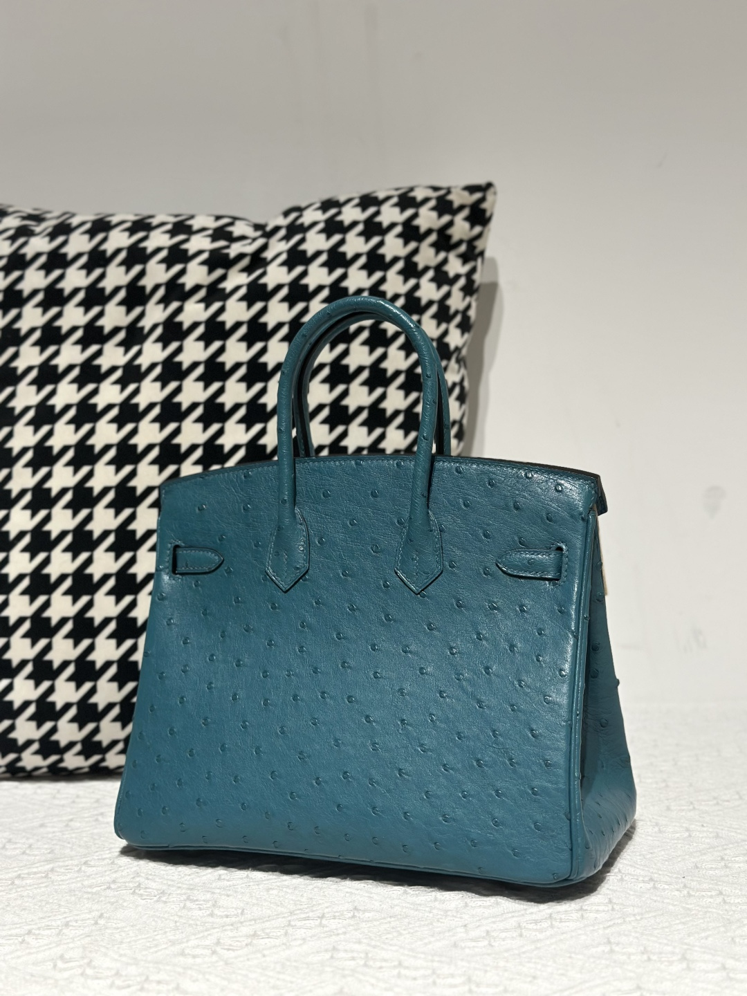 Ostrich Leather Aqua Blue 25cm Silver Hardware Top Handle Tote Bag WOB103 image 3