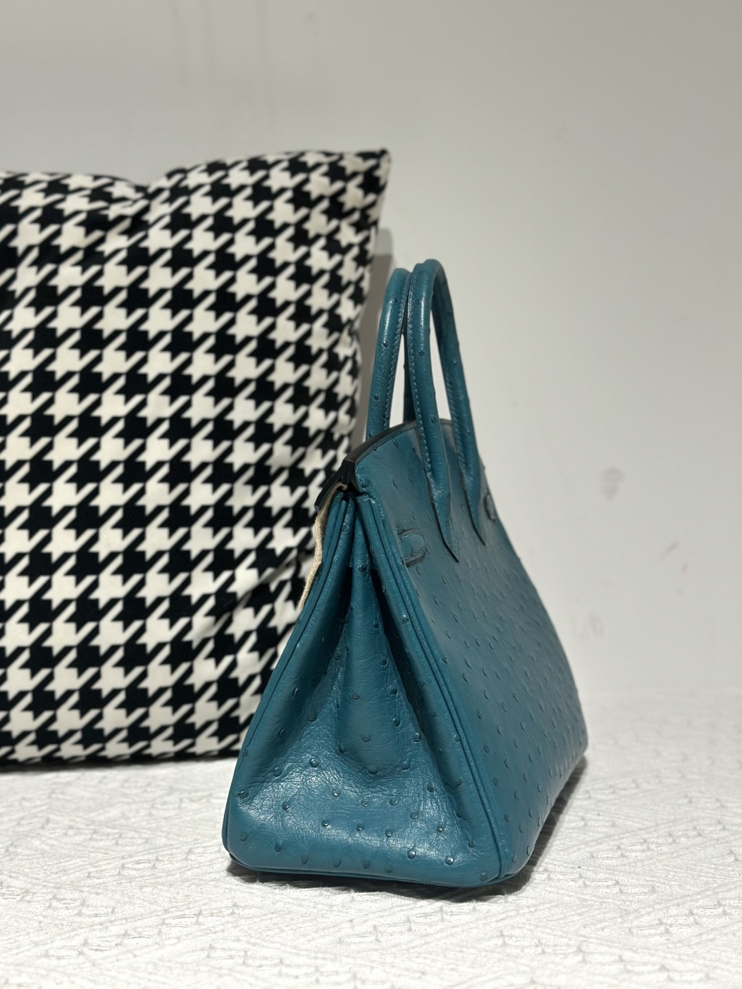 Ostrich Leather Aqua Blue 25cm Silver Hardware Top Handle Tote Bag WOB103 image 4