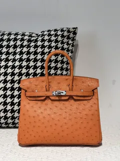Ostrich Leather Orange 25cm Silver Hardware Top Handle Tote Bag WOB104 image 1