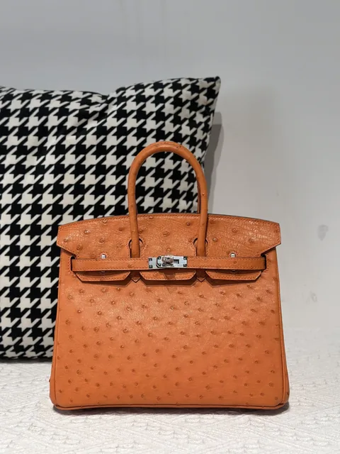 Ostrich Leather Orange 25cm Silver Hardware Top Handle Tote Bag WOB104