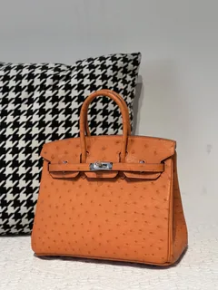 Ostrich Leather Orange 25cm Silver Hardware Top Handle Tote Bag WOB104 image 2