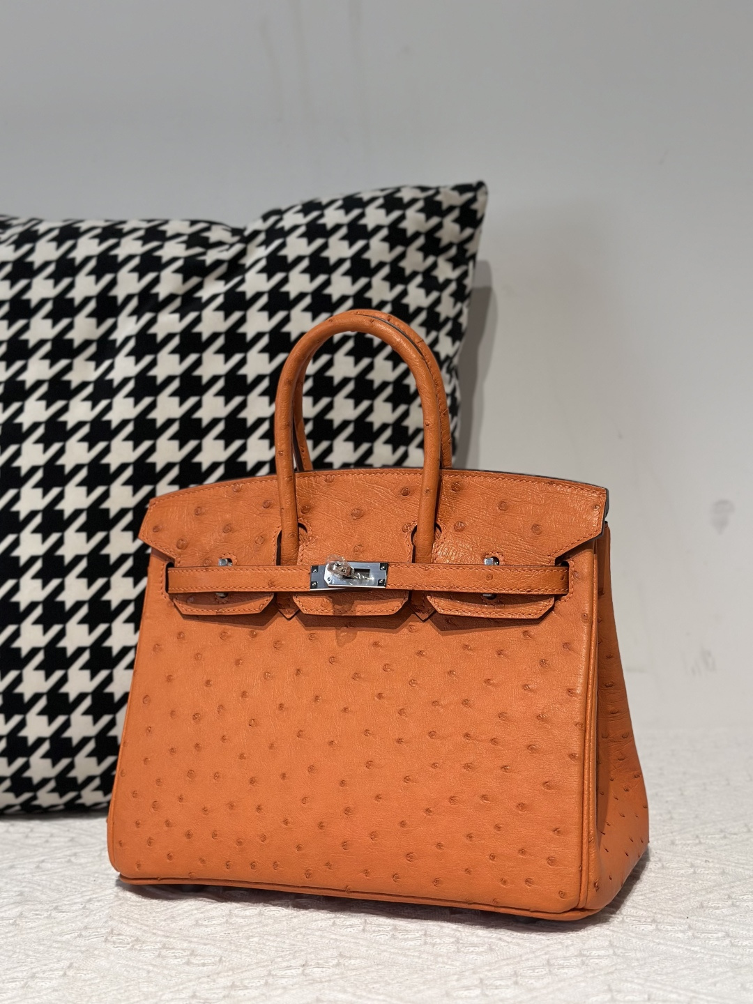 Ostrich Leather Orange 25cm Silver Hardware Top Handle Tote Bag WOB104 image 2