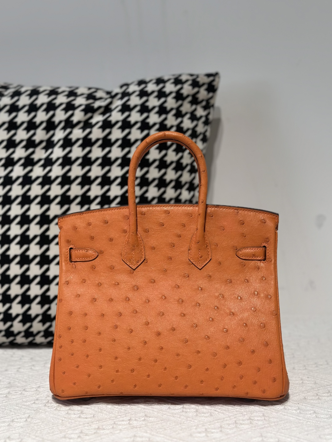 Ostrich Leather Orange 25cm Silver Hardware Top Handle Tote Bag WOB104 image 3