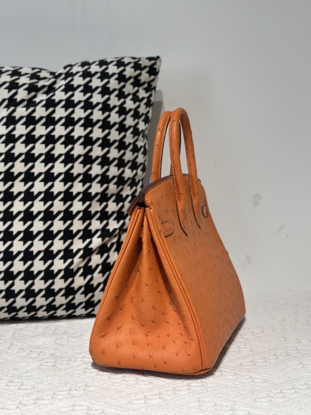 Ostrich Leather Orange 25cm Silver Hardware Top Handle Tote Bag WOB104 image 4