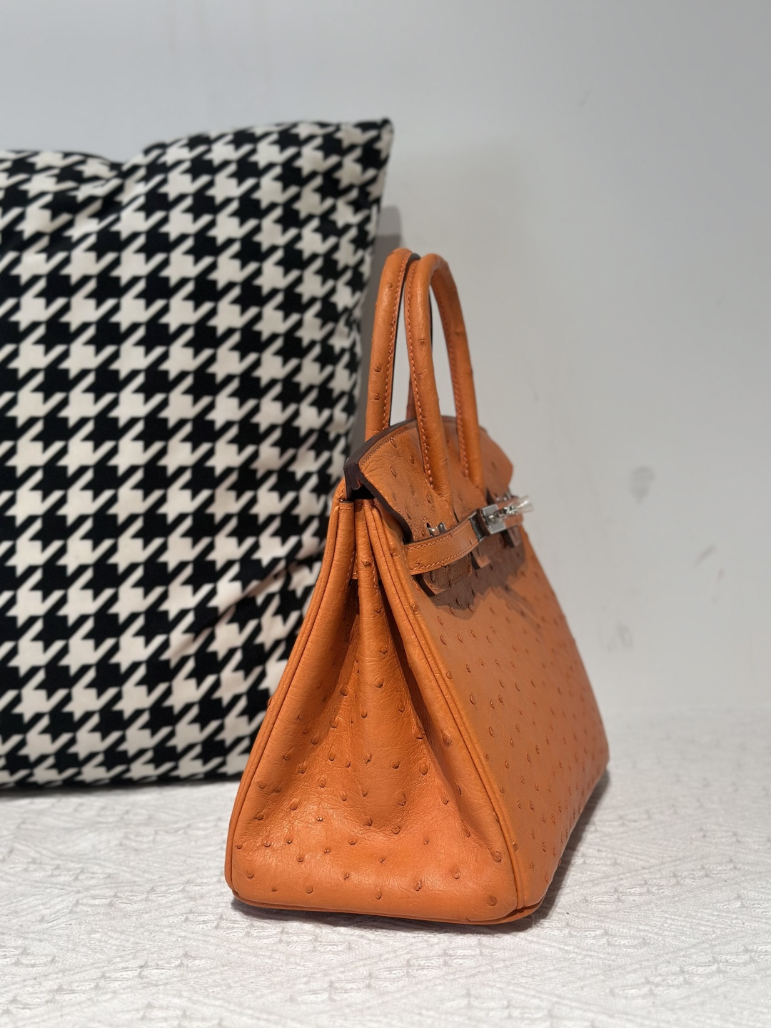 Ostrich Leather Orange 25cm Silver Hardware Top Handle Tote Bag WOB104 image 5
