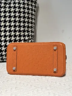 Ostrich Leather Orange 25cm Silver Hardware Top Handle Tote Bag WOB104 image 6