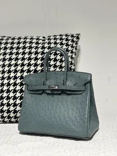 Ostrich Leather Denim Blue 25cm Silver Hardware Top Handle Tote Bag WOB105 image 1