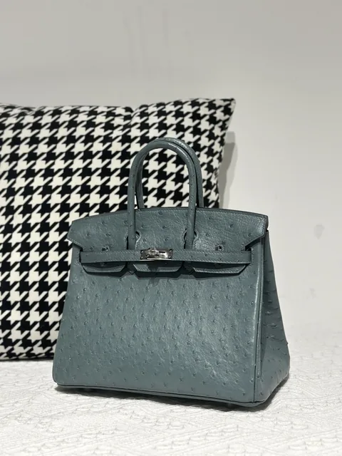 Ostrich Leather Denim Blue 25cm Silver Hardware Top Handle Tote Bag WOB105