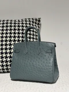Ostrich Leather Denim Blue 25cm Silver Hardware Top Handle Tote Bag WOB105 image 3