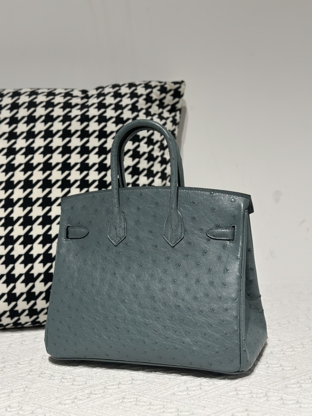 Ostrich Leather Denim Blue 25cm Silver Hardware Top Handle Tote Bag WOB105 photo 3