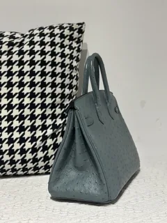Ostrich Leather Denim Blue 25cm Silver Hardware Top Handle Tote Bag WOB105 image 4