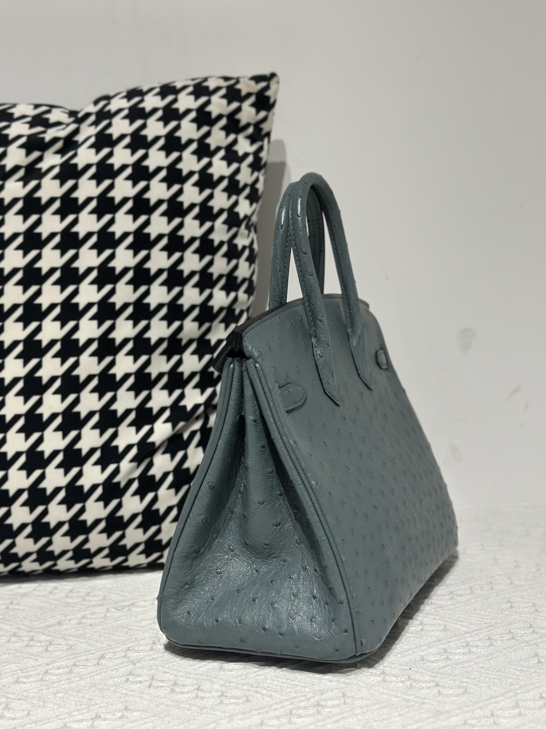 Ostrich Leather Denim Blue 25cm Silver Hardware Top Handle Tote Bag WOB105 photo 4