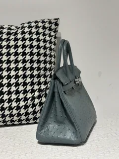Ostrich Leather Denim Blue 25cm Silver Hardware Top Handle Tote Bag WOB105 image 5