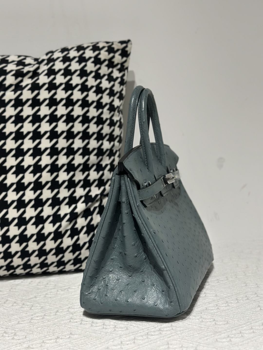 Ostrich Leather Denim Blue 25cm Silver Hardware Top Handle Tote Bag WOB105 photo 5