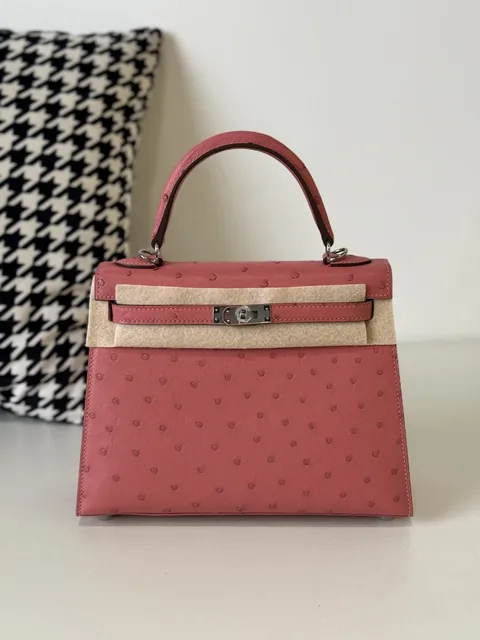 Ostrich Leather Pink 25cm Silver Hardware Top Handle Bag WOB107