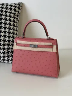 Ostrich Leather Pink 25cm Silver Hardware Top Handle Bag WOB107 image 2