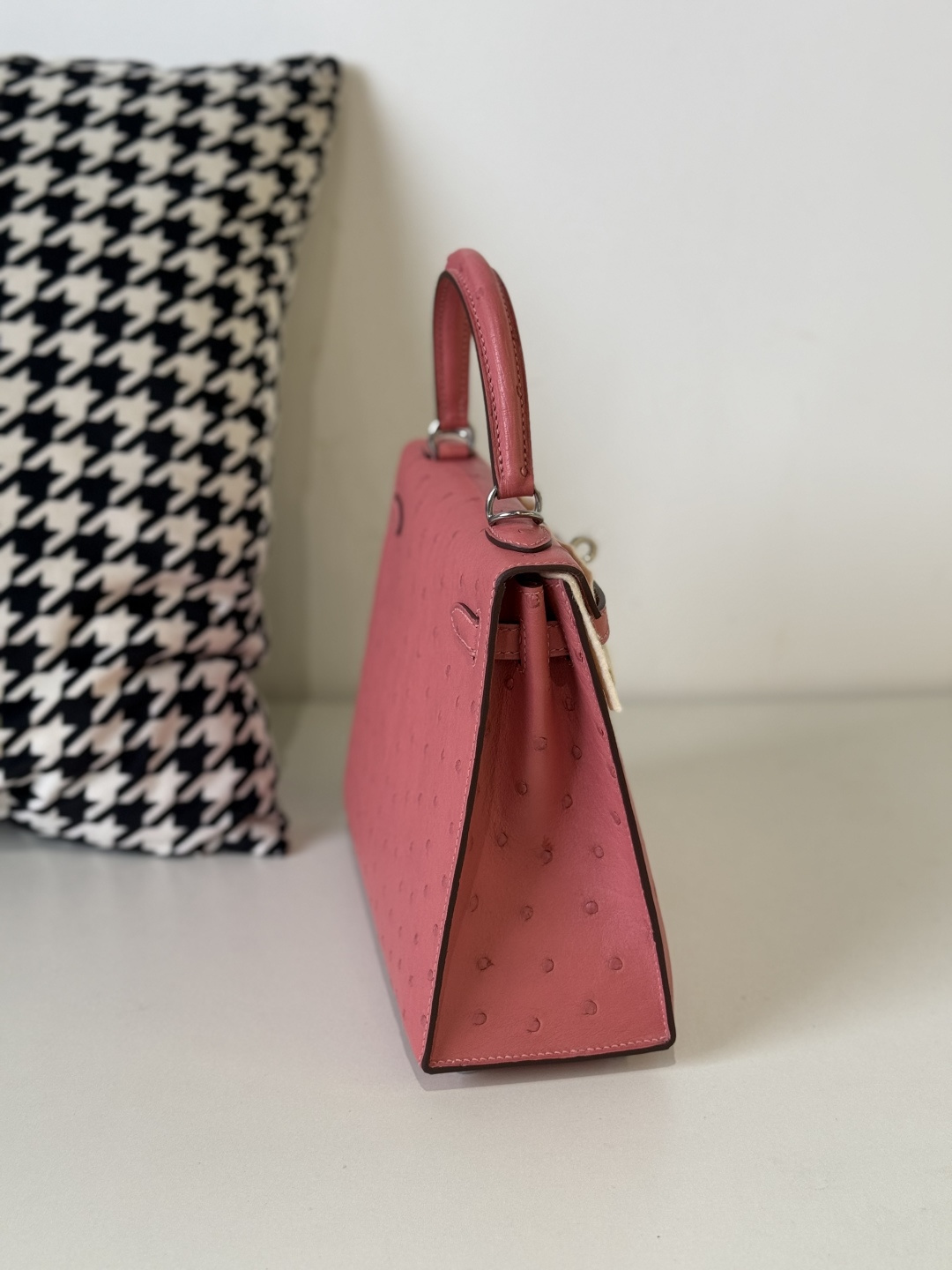 Ostrich Leather Pink 25cm Silver Hardware Top Handle Bag WOB107 image 5