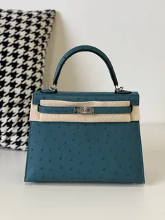 Ostrich Leather Peacock Blue 25cm Silver Hardware Top Handle Bag WOB108 image 1