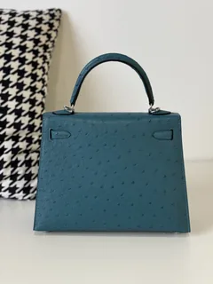 Ostrich Leather Peacock Blue 25cm Silver Hardware Top Handle Bag WOB108 image 3