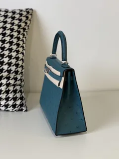 Ostrich Leather Peacock Blue 25cm Silver Hardware Top Handle Bag WOB108 image 4
