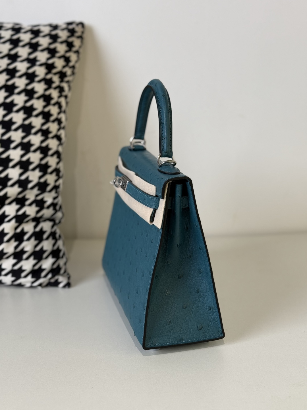 Ostrich Leather Peacock Blue 25cm Silver Hardware Top Handle Bag WOB108 photo 4