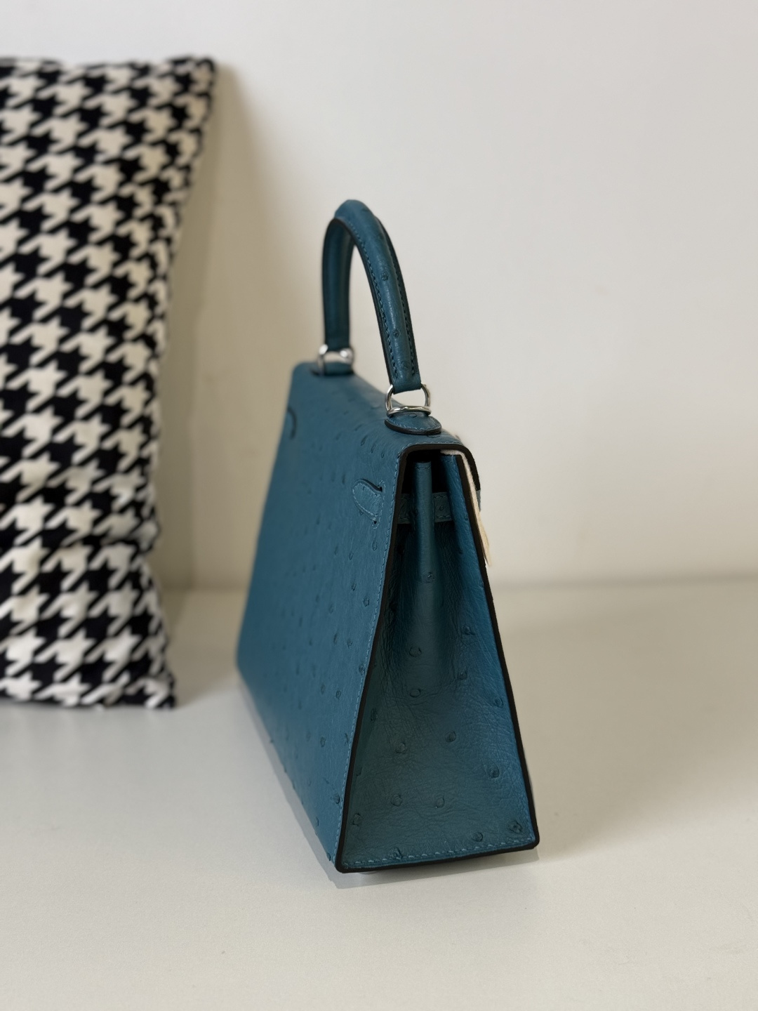 Ostrich Leather Peacock Blue 25cm Silver Hardware Top Handle Bag WOB108 photo 5