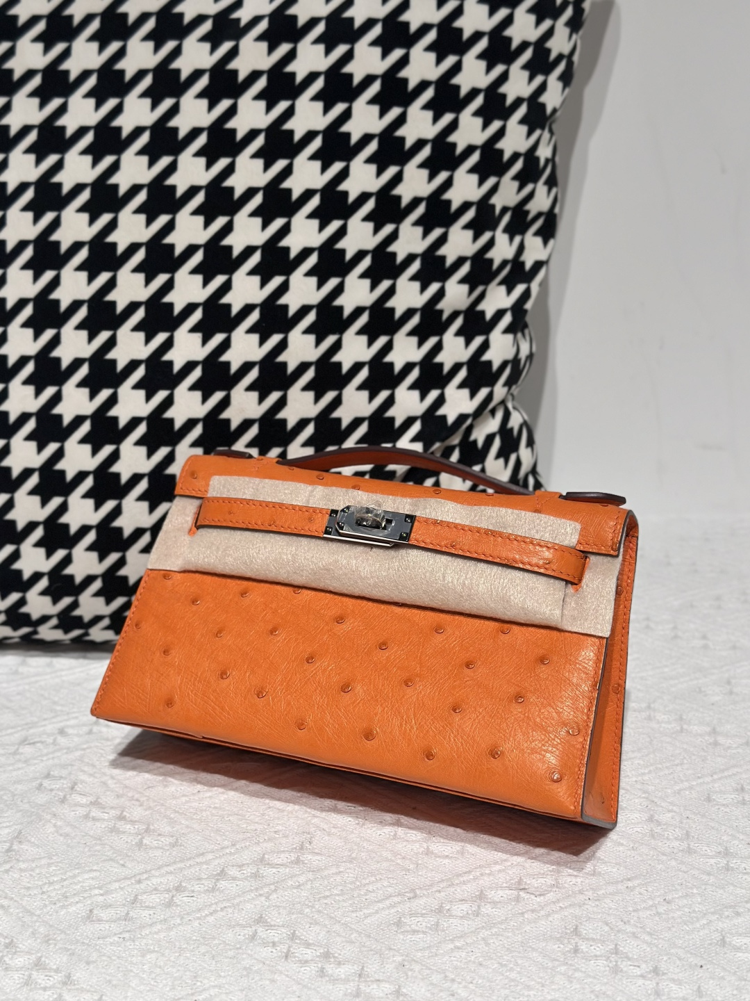 Ostrich Leather Orange Silver Hardware Series I Flap Shoulder Bag WOB110 image 2