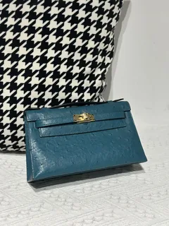 Ostrich Leather Aqua Blue Gold Hardware Series I Flap Shoulder Bag WOB111 image 1