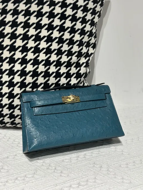 Ostrich Leather Aqua Blue Gold Hardware Series I Flap Shoulder Bag WOB111