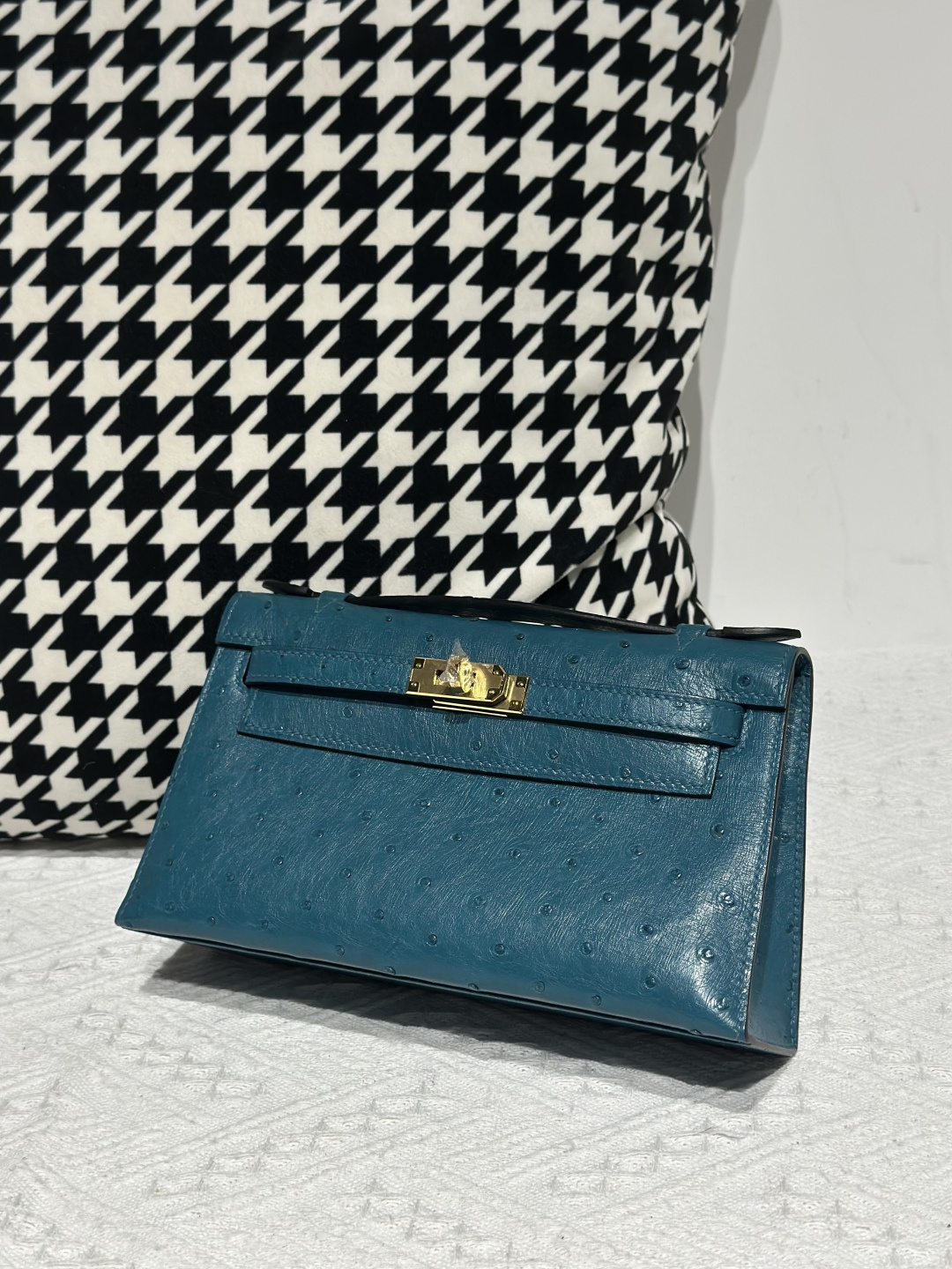 Ostrich Leather Aqua Blue Gold Hardware Series I Flap Shoulder Bag WOB111 image 2