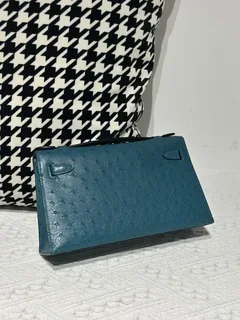 Ostrich Leather Aqua Blue Gold Hardware Series I Flap Shoulder Bag WOB111 image 3