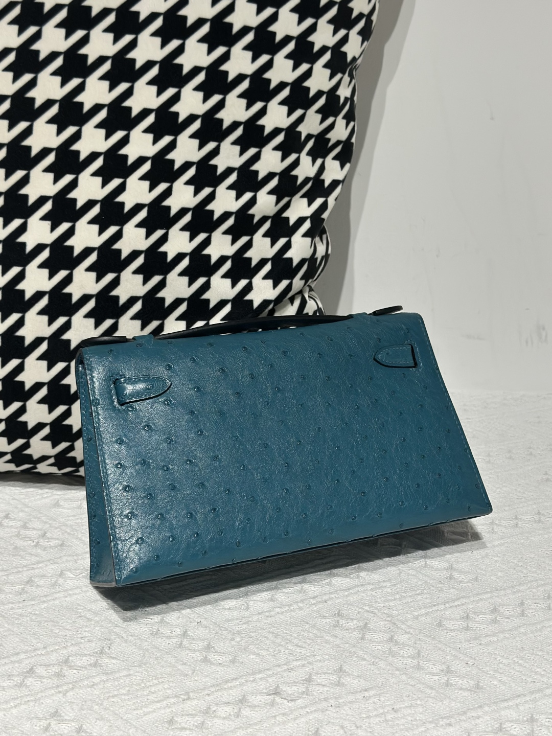 Ostrich Leather Aqua Blue Gold Hardware Series I Flap Shoulder Bag WOB111 image 3