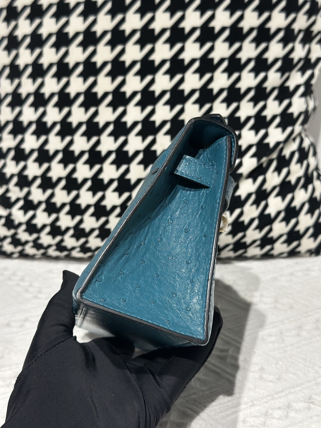Ostrich Leather Aqua Blue Gold Hardware Series I Flap Shoulder Bag WOB111 image 5
