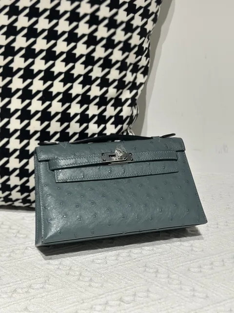 Ostrich Leather Denim Blue Silver Hardware Series I Flap Shoulder Bag WOB112