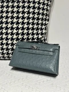 Ostrich Leather Denim Blue Silver Hardware Series I Flap Shoulder Bag WOB112 image 2