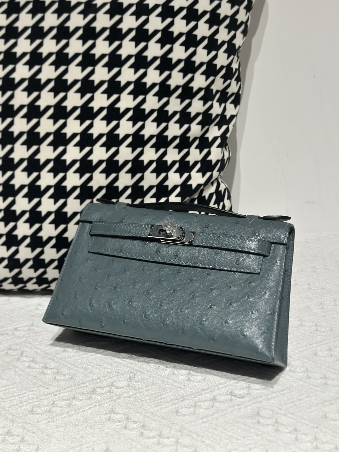 Ostrich Leather Denim Blue Silver Hardware Series I Flap Shoulder Bag WOB112 photo 2
